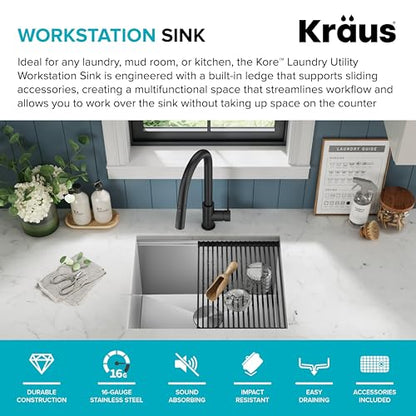 Kore 23 Inch Undermount Workstation Single Bowl 16 Gauge Deep Laundry Utility Stainless Steel Kitchen Sink with Accessories