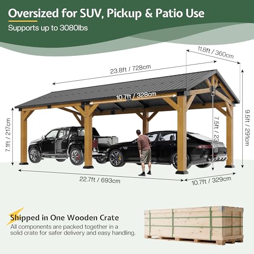 12x24x9.5 FT Cedar Wood Carport with Galvanized Steel Gable Roof