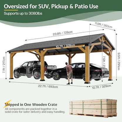 12x24x9.5 FT Cedar Wood Carport with Galvanized Steel Gable Roof