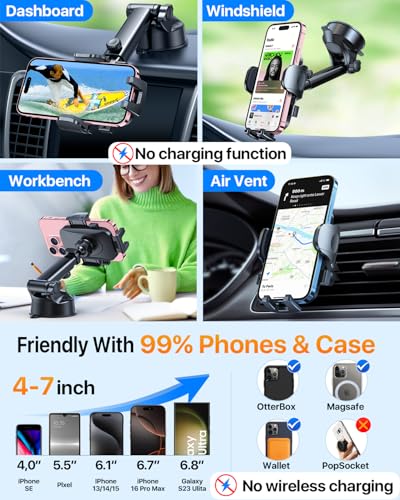 Car Phone Holder【2026 Upgraded 100+LBS Suction & Safety Cert】 Cell Phone Car Mount for Truck Heavy Duty Phone Holder for Dashboard