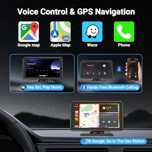Carplay Wireless Portable Touchscreen Car Stereo Bluetooth Voice Control 7" for Apple Car Play & Android Auto Car Audio HD Screen with 1080p Backup Camera GPS Navigation