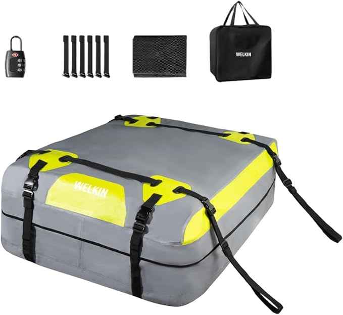WELKIN Heavy Duty Rooftop Cargo Carrier Bag - 15 Cubic Waterproof Car Roof Bag for All Vehicles with/Without Rack - Includes Anti-Slip Mat, 6 Door Hooks, TSA Lock & Storage Bag - Reinforced Straps