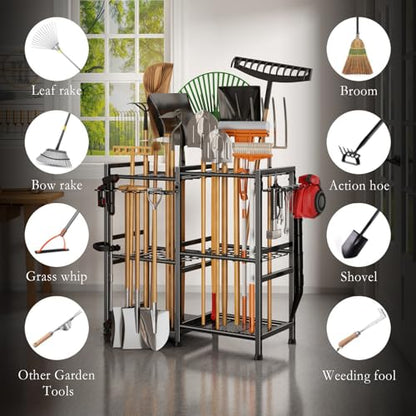 Garden Tool Organizer Storage Metal Yard Tool Organizer Heavy Duty Garden Tool Rack Stand with 2 Extra Hooks