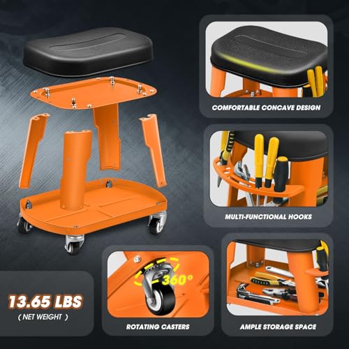 Removable Rolling Garage Stool with Seat Cushion & Tool Tray Plate