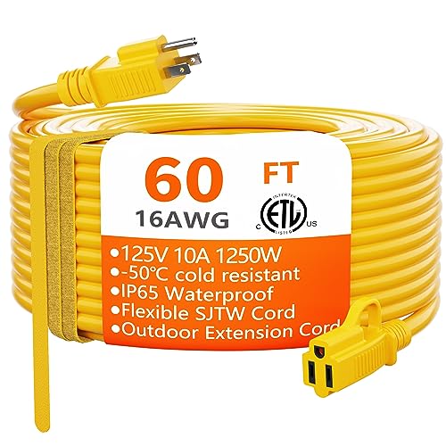 Indoor Outdoor Yellow Extension Cord 60 FT Waterproof 16
