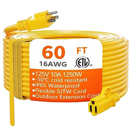 Indoor Outdoor Yellow Extension Cord 60 FT Waterproof 16
