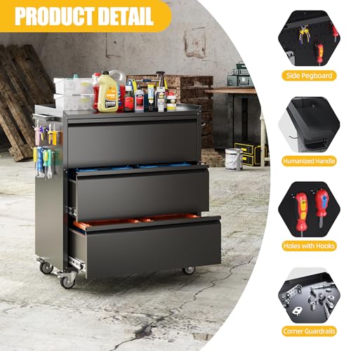 35.5" Rolling Tool Cabinet with 3 Drawers and Side Pegboards