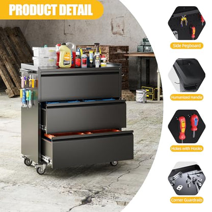 35.5" Rolling Tool Cabinet with 3 Drawers and Side Pegboards