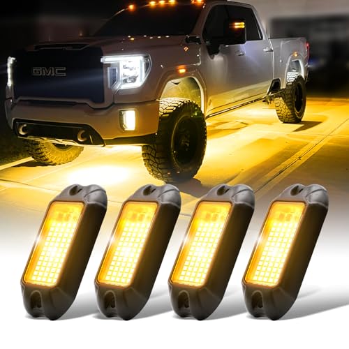 4Pods Pure Yellow 72 LEDs SMD Chips 72w High Power Rock Lights Super Bright Yellow Offroad Car Boat Underglow Lights IP68 Waterproof for Truck SUV UTV ATV RZR