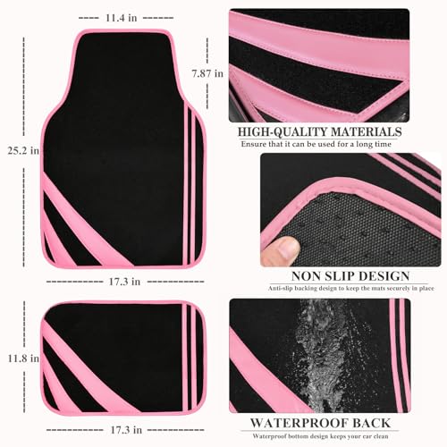 Pink Edge Faux Leather Car Floor Mats Universal Car Carpet Mats with Double Stitch Line Anti