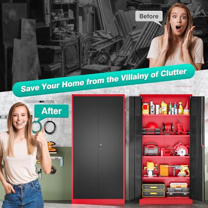 Wide & Deep Metal Storage Cabinet with Lock & Adjustable Shelves