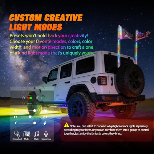 RGB LED Whip Light 2PCS 4FT with 4 Rock Lights Combo