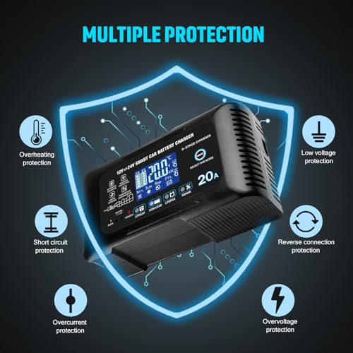 20Amp: 12/24V Smart Car Battery Charger – Automatic Maintainer, Trickle Charger & Desulfator with Overcharge Protection & Temperature Compensation – for Lead-Acid & Lithium & LiFePO4 Batteries