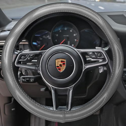 Top Grade Gray Genuine Leather Steering Wheel Cover Men Women