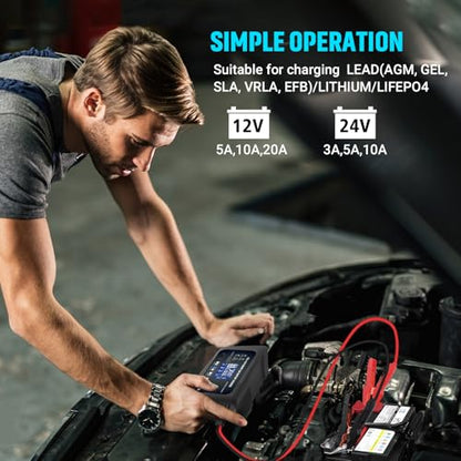 20Amp: 12/24V Smart Car Battery Charger – Automatic Maintainer, Trickle Charger & Desulfator with Overcharge Protection & Temperature Compensation – for Lead-Acid & Lithium & LiFePO4 Batteries