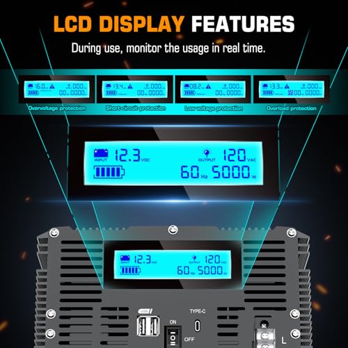 5000 Watt Power Inverter 12V DC to 110V 120V Converter for Family RV Off Grid Solar System Car with Type