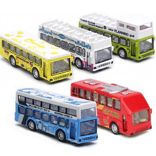 Double Decker Bus Open Door Die Cast Metal Toy Cars Pull Back 5 Pack (5 Count)