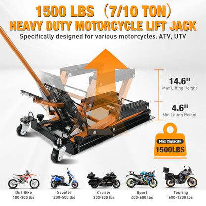 Motorcycle Lift Jack 1500 LBS Hydraulic Lifts ATV Scissor Jacks with Wheel Foot Pedal Handle Ratchet Belt Heavy Duty Lifter Stand Hoist Table for Dirt Bike Garage Storage Repair Tool