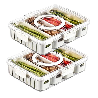 2Pack Divided Veggie Tray with Lid and Handle 4 Compartment Serving Tray with Dividers Portable Travel Snack Storage Containers Stackable Snackle Box Charcuterie Container for Fruit