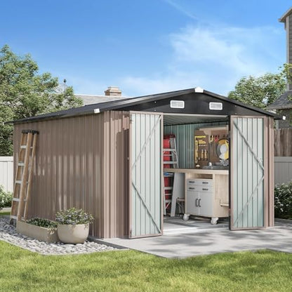 10x12 FT Galvanized Steel Outdoor Storage Shed with Base