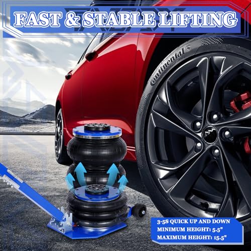5T Triple Bag Air Jack 11000lbs Pneumatic Jack 3s Fast Lift Up 16in Airbag Jack with Adjustable Long Handle Heavy Duty Triple Air Bag Jack Lift for Cars Garage