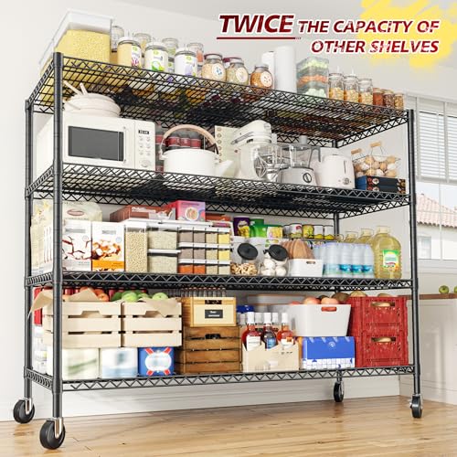 55.52''W Storage Shelves 2480LBS Wire Shelving Unit with Wheels Heavy Duty Metal Shelves for Storage Adjustable Garage Storage Rack Kitchen Shelving (4 Count)