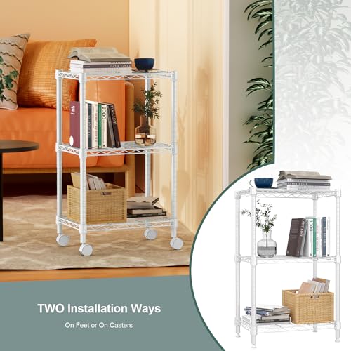 3 Tier Shelf Metal Storage Shelves Wire Rack Closet Organizers with Wheel for Garage Kitchen Bathroom Laundry White 11.8" D x 17.7" W x 29.8" H (3 Count)