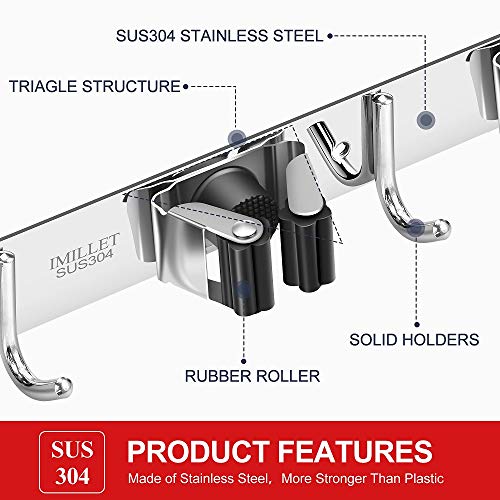 2 Pack Broom Holder Wall Mount Stainless Steel Mop Organizer (2 Count)