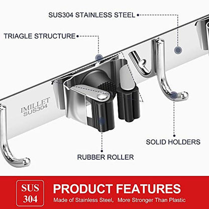 2 Pack Broom Holder Wall Mount Stainless Steel Mop Organizer (2 Count)