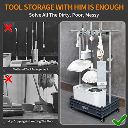 Broom mop holder cleaning supplies organizer janitorial carts on wheels housekeeping station storage tools for garage
