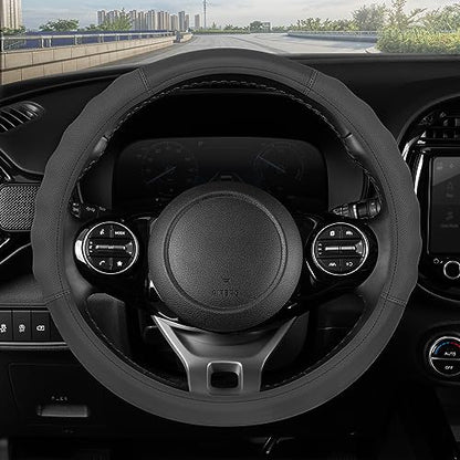 Soft Touch Leather Gray Steering Wheel Cover with Grooves