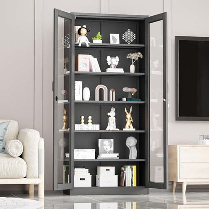 Lockable Display Cabinet with Glass Doors & 5 Adjustable Shelves