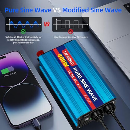 400W Pure Sine Wave Power Inverter 12V DC to 110V 120V AC for Vehicles