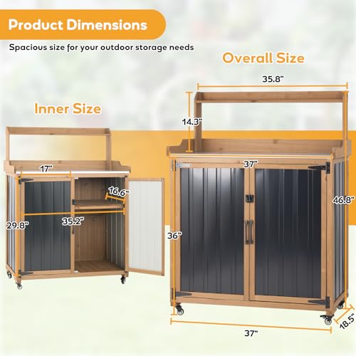 Potting Bench Table & Outdoor Storage Cabinet with Lockable Wheels