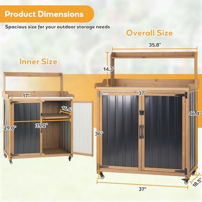 Potting Bench Table & Outdoor Storage Cabinet with Lockable Wheels