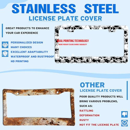 Black White Skull Skeleton License Plate Frame Stainless Steel 6 X 12 Inch