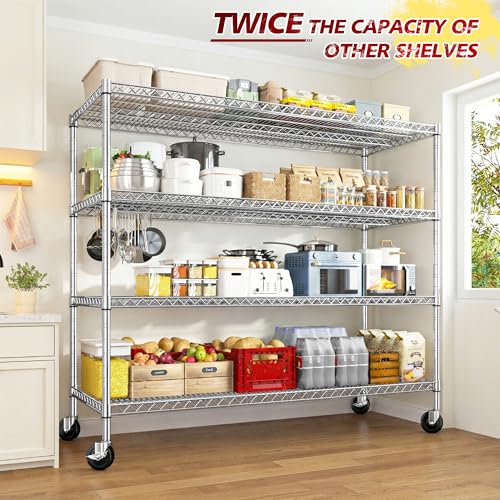 55.5''W Storage Shelves 2500LBS Wire Shelving Unit with Wheels Heavy Duty Metal Shelves for Storage Adjustable Garage Storage Rack Pantry Shelf Kitchen Shelving (3 Count)