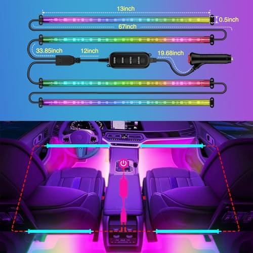4PCS Interior Car Strip Lights Cigarette Lighter Dream Color RGB