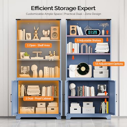 Blue Bookcase with Doors and Adjustable Shelves