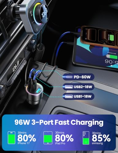 Bluetooth 6.0 Car Adapter FM & AUX HiFi Bass 96W Fast Charging (5 Count)