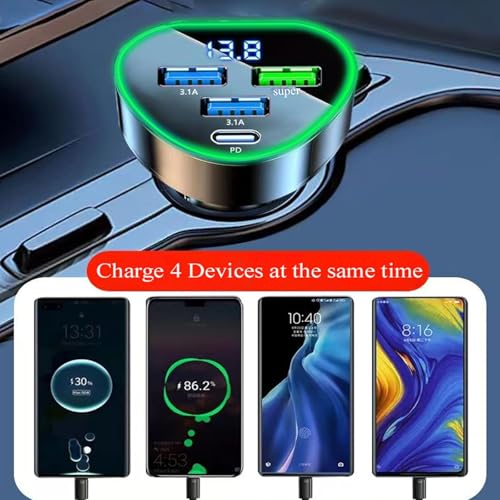 4 in 1 Multi Port USB C Car Phone Charger Adapter with Voltage Display