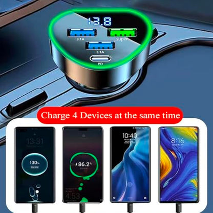 4 in 1 Multi Port USB C Car Phone Charger Adapter with Voltage Display