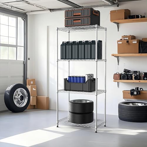 1000 lbs 4Tier Shelf Metal Storage Shelves Wire Rack Closet Organizers with Wheel for Garage Kitchen Bathroom Laundry Chrome 13.7" D x 23.6" W x 53.4" H (4 Count)