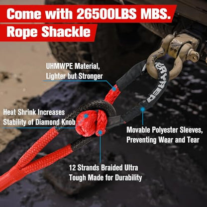 3 4” x 20FT Kinetic Recovery Rope Kit with 2 Soft Shackles (20 Foot)