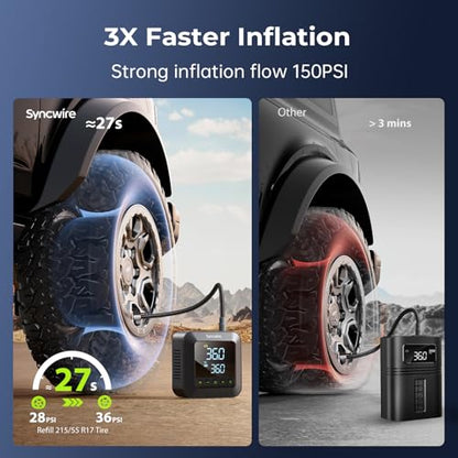 Tire Inflator Portable Air Compressor 150PSI Air Pump for Car Tires [3X Faster] Inflation Electric Smart Tire Pump with Extra