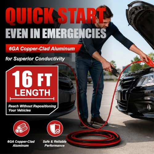 6 Gauge 16 Feet Jumper Cables with LED Light (16 Foot)