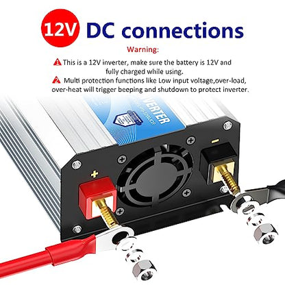 Power Inverter Pure Sine Wave 1200 Watt 12V Dc to 120V Lithium Battery Compatible with UL Fuses and USB