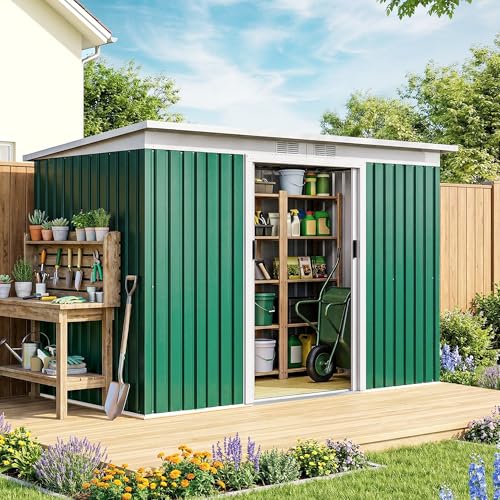 9' x 4' Outdoor Storage Shed Sloping Roof Lockable Door Green