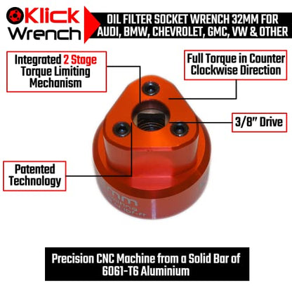 32mm Hex Socket 2 Stage Torque Limiting Oil Filter Wrench Red 6061