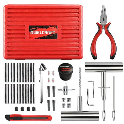 68-Piece All-in-One Heavy Duty Tire Plug Kit – Professional Tire Repair Set, T-Handle Tools, Valve Kit, 40 Plugs, Pliers, Knife – Universal for Car